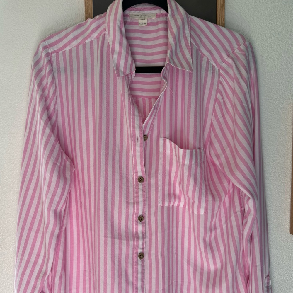 Women’s Pink and White Striped Button up Shirt